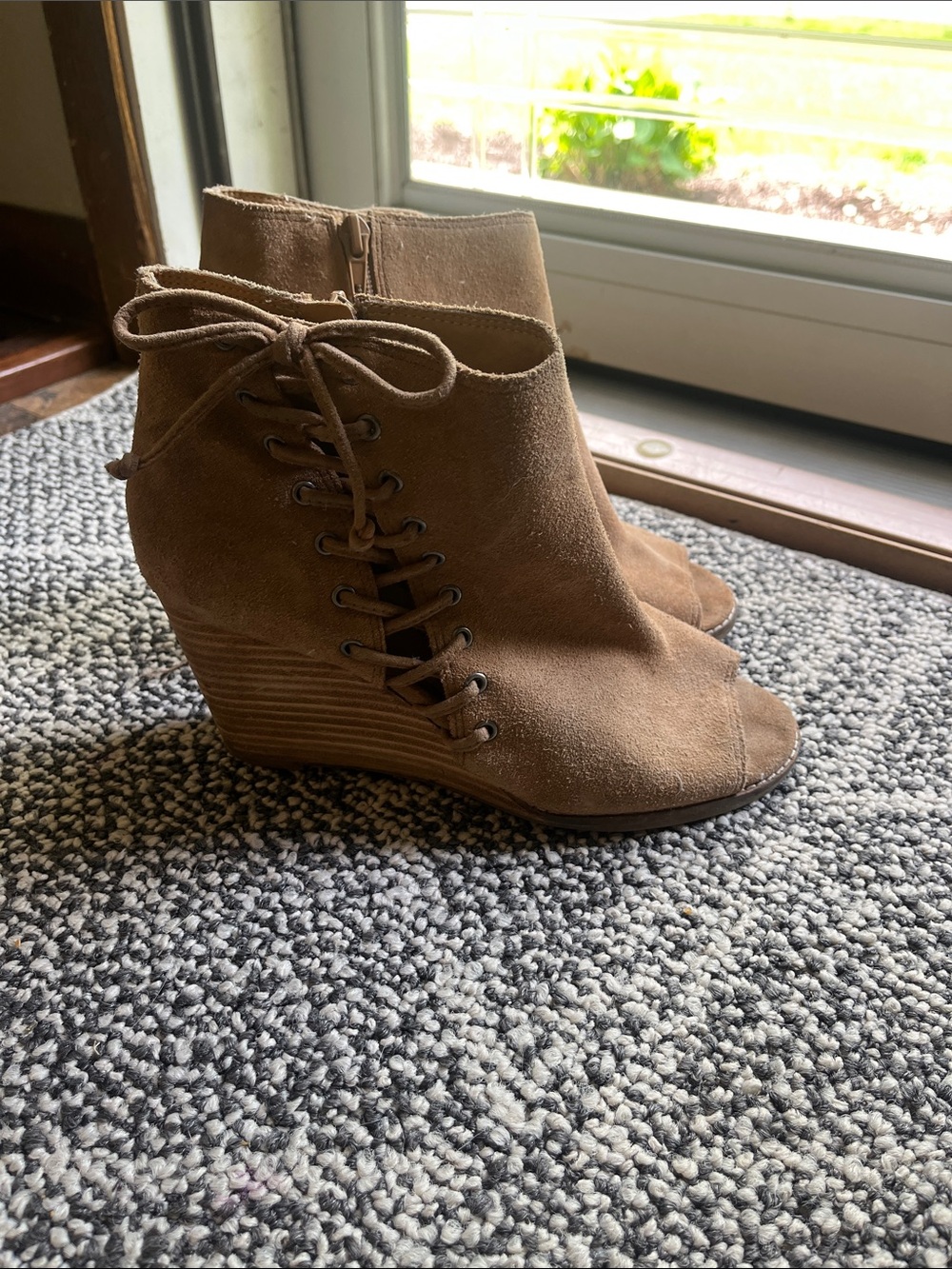 Lucky Brand Taupe Suede Lace-Up Peep-Toe Wedge Booties